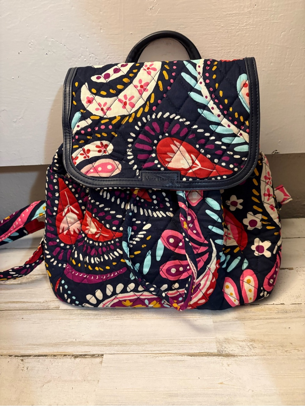 Vera Bradley Quilted Navy Backpack with Multi-Color Paisley Retired Pattern